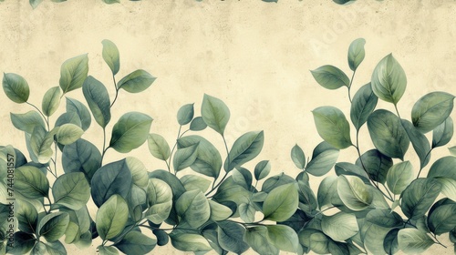  a painting of a branch with green leaves on a beige background with a border of green leaves on the left side of the frame, and on the right side of the.