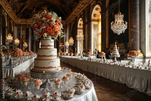 A table covered with a large cake, serving as the centerpiece, Lavish Royal wedding at Buckingham Palace, AI Generated