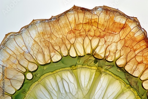 A detailed close up view of a refreshing slice of watermelon fruit, showing its vibrant red flesh and black seeds, Layers of a cross-sectioned plant stem, AI Generated
