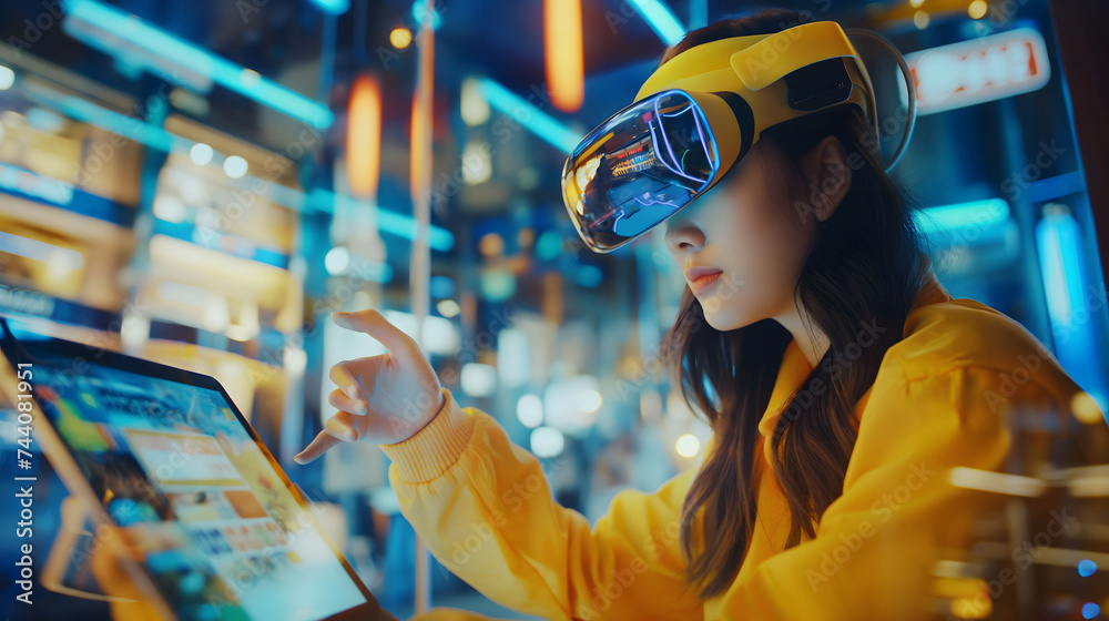 Metaverse technology concept. Woman with VR virtual reality goggles is working, Cyber background, sci-fi Metaverse technology concept. Woman with VR virtual reality goggles is working, Cyber background, sci-fi