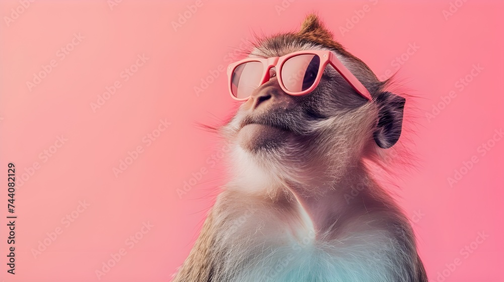 Creative animal concept. Monkey in sunglass shade glasses isolated on solid pastel background, commercial, editorial advertisement, surreal surrealism Creative animal concept. Monkey in sunglass shade glasses isolated on solid pastel background, commercial, editorial advertisement, surreal surrealism