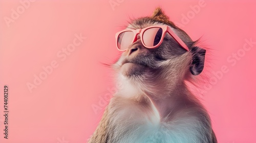 Creative animal concept. Monkey in sunglass shade glasses isolated on solid pastel background, commercial, editorial advertisement, surreal surrealism © Muzikitooo