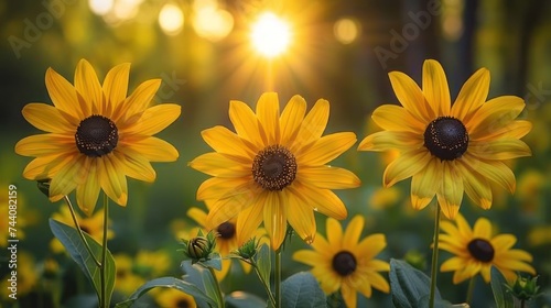  a group of sunflowers in a field with the sun shining through the trees in the background, with the sun shining through the trees in the foreground.