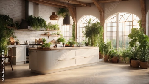 loft luxury kitchen with sun rays with greenery and plants interior
