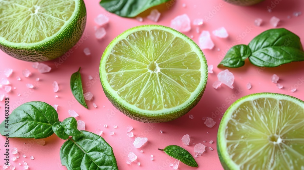 a group of limes on a pink surface with leaves and salt on the bottom of the picture and on top of the whole limes on the bottom of the table. a group of limes on a pink surface with leaves and salt on the bottom of the picture and on top of the whole limes on the bottom of the table.