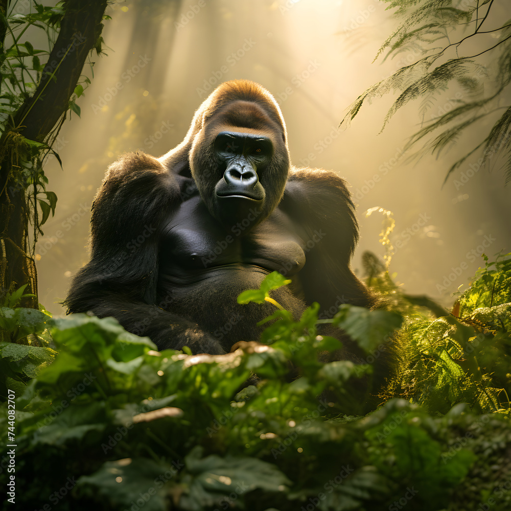 Majesty in the Wild: A Silverback Gorilla's Mesmerizing Gaze Amidst Lush Foliage