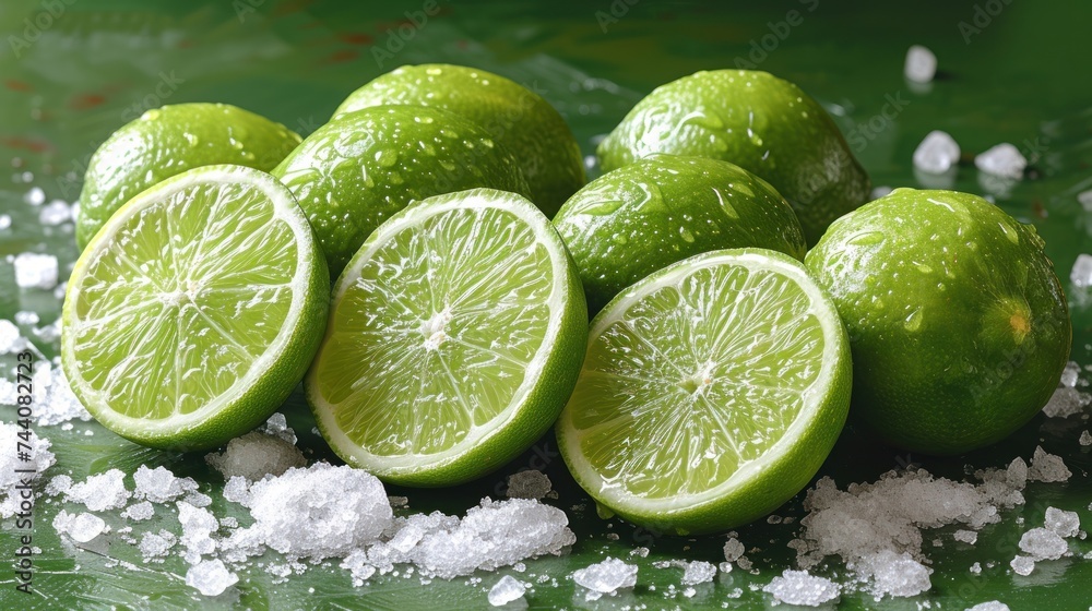 a pile of limes sitting next to each other on a green surface with sea salt on the bottom of the pile and on top of the pile of limes. a pile of limes sitting next to each other on a green surface with sea salt on the bottom of the pile and on top of the pile of limes.