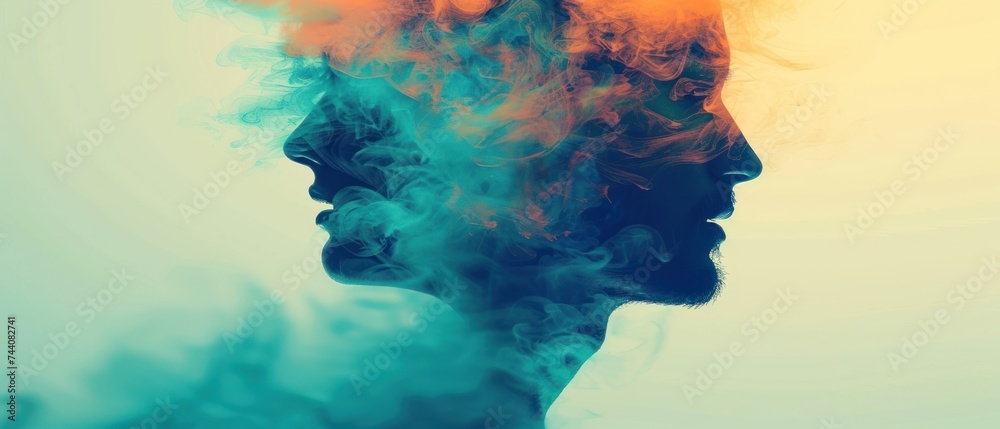 a man's head with a lot of smoke coming out of the top of his head on a blue and yellow background.