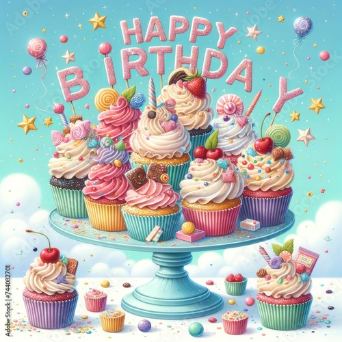 An illustration-style of whimsical cupcakes on a stand, adorned with rainbow-colored frosting and glittering letters that say "Happy Birthday". AI Generative
