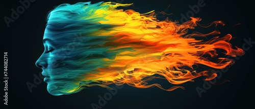 a woman's face with a multicolored smoke trail in the shape of a rainbow flag on a black background. photo