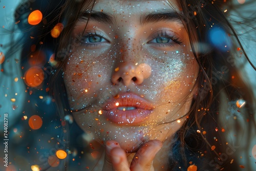 An ethereal woman with sparkling glitter adorning her face gazes at the viewer, her lashes and lips highlighted with delicate bubbles, exuding a dreamy and captivating aura