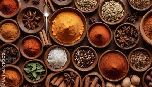 Spices and Herbs in Terracotta Pots: Aromatic Cooking Ingredients photo
