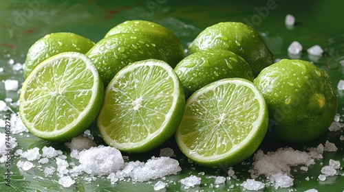  a pile of limes sitting next to each other on a green surface with sea salt on the bottom of the pile and on top of the pile of limes.