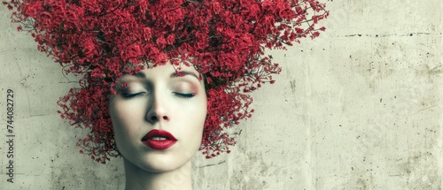 a woman's head with a bunch of red flowers on it's head and a concrete wall in the background. photo