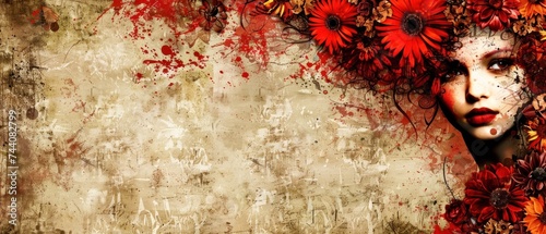 a painting of a woman's face with red flowers on her head and a grungy background behind her. photo