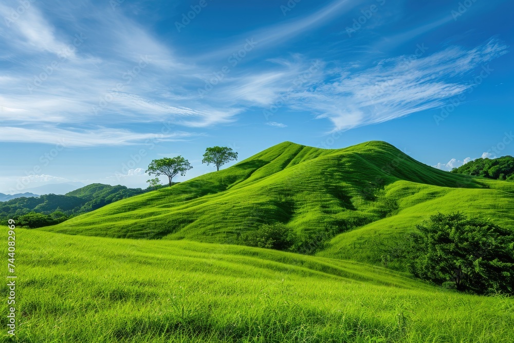 A vibrant, green hillside covered in grass stretches out beneath a clear blue sky, Lush green hills under a clear blue sky, AI Generated