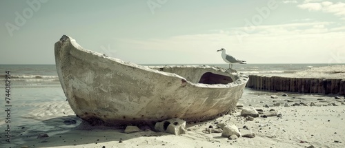 a boat on the beach with a seagull sitting on it's side and another bird standing on top of it. photo