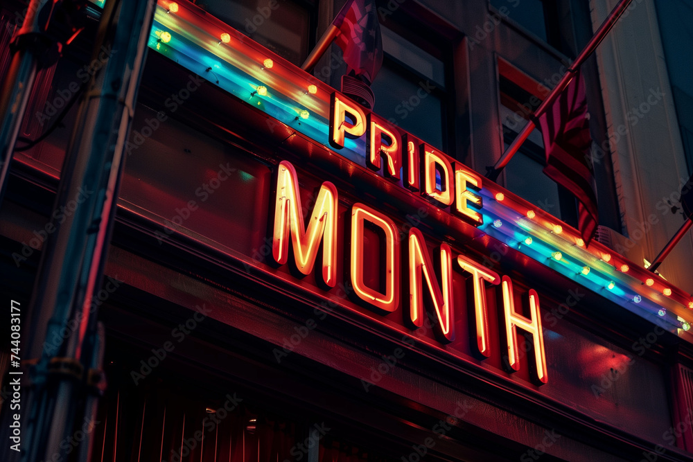 Secret message at the street: It's pride month art deco or retro style sign at the street as a cinema premiere traffic sign or shop sign Secret message at the street: It's pride month art deco or retro style sign at the street as a cinema premiere traffic sign or shop sign