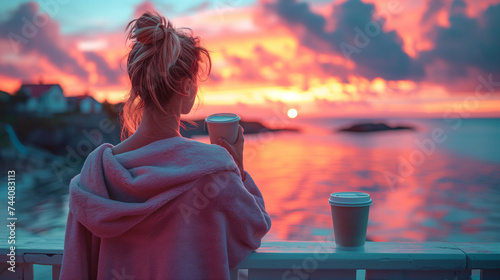 a female around 20-years old, standing on the veranda and drinking her morning Coffee, wear a blanket over her shoulders sunrise happy morning on honeymoon © Erzsbet