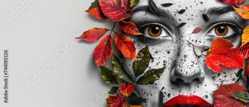 a woman's face is covered in leaves and has a freckled make - up on her face. photo
