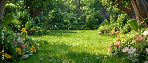 a lush green field filled with lots of flowers next to a forest filled with lots of trees and flowers on either side of the field. photo