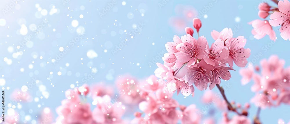 a close up of a pink flower on a branch with drops of water on the petals and a blue sky in the background.