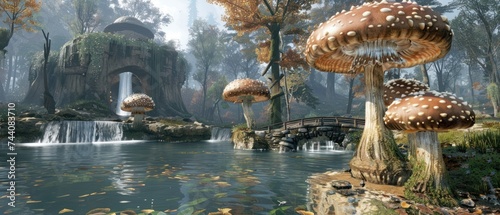 a group of mushrooms sitting on top of a lush green forest next to a small waterfall in the middle of a forest. photo