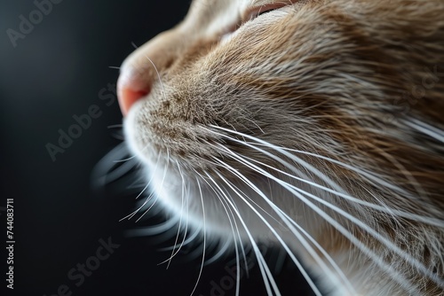 A detailed view of a cats face, highlighting its closed eyes, Macro perspective of a whisker of a cat, AI Generated