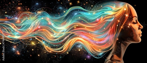 a digital painting of a woman's head with colorful hair in the foreground and stars in the background. photo