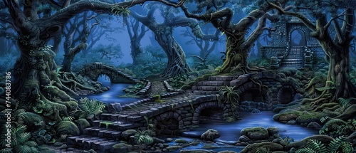 a painting of a bridge in the middle of a forest with lots of trees and a stream running through it. © Jevjenijs