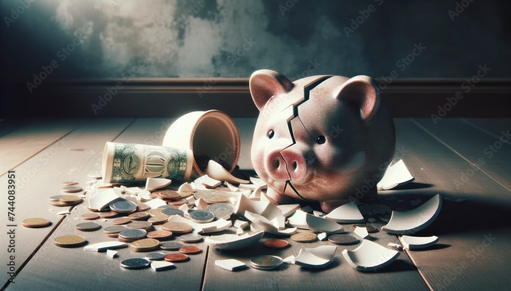 A shattered ceramic piggy bank on a wooden floor with coins and crumpled banknotes around it. AI Generative - obrazy, fototapety, plakaty 