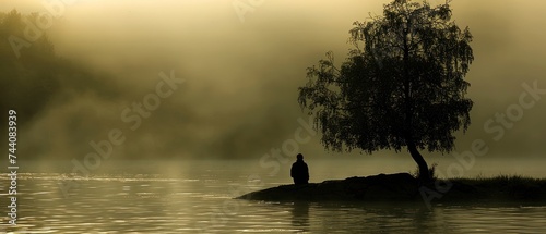 a person standing on a small island in the middle of a body of water with a tree in the background. © Jevjenijs