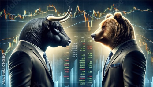 A bull and a bear in business suits, standing face to face with stock market graphs in the background. AI Generative photo