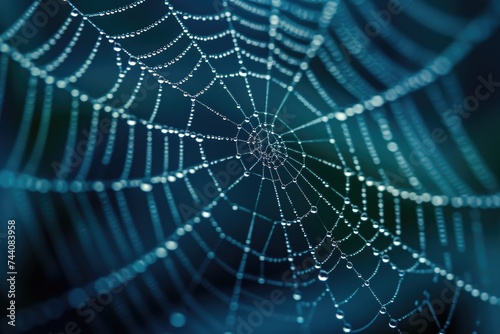 A close-up view of a meticulously woven spider web covered in glistening water droplets, clinging to the branches of a garden plant, Macro shot of water droplets on a spider web, AI Generated