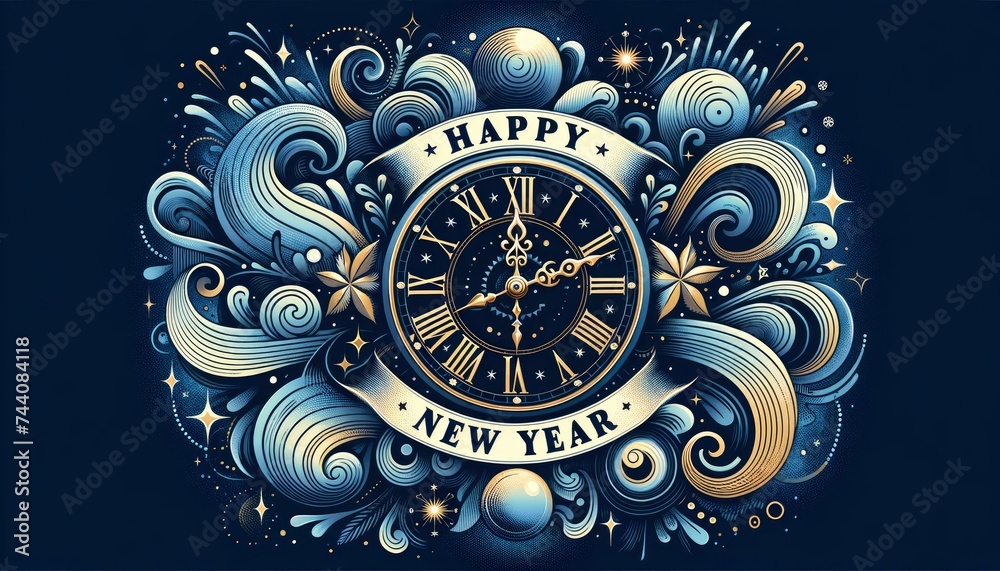 An illustration featuring a large ornate clock striking midnight, surrounded by snowflakes and stars. AI Generative An illustration featuring a large ornate clock striking midnight, surrounded by snowflakes and stars. AI Generative