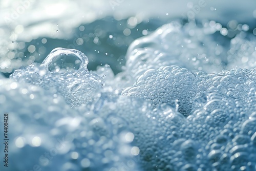 A detailed view capturing the formation of water bubbles on the surface of an object, Macro view of an ocean wave's bubble and foam, AI Generated