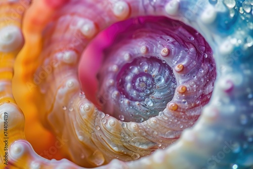 A detailed close-up photograph showcasing the vibrant colors and intricate structure of a sea anemone, Macro view of colorful sea shell spiral, AI Generated