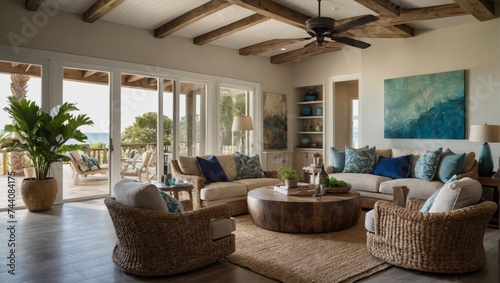 beautiful small space casual living family room soft neutral wood beams and a gorgeous grouping of swivel color fabric chairs around a striking coffee table coastal design nature freshness home photo