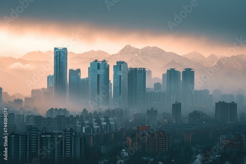 Astonishing Cityscape With Majestic Mountains in the Background  Majestic skyscrapers with a backdrop of mountains  AI Generated