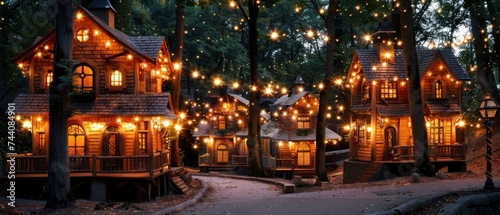 a night time scene of a log cabin with fairy lights on the roof and a walkway leading to the front door.