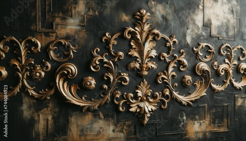 A photo of a distressed black-painted wall adorned with shining golden rococo ornaments. AI Generated