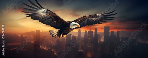 Urban landscape with digitally created eagle soaring through the sky above. Concept Urban Landscape, Eagle, Sky, Digital Art, Urban Design photo