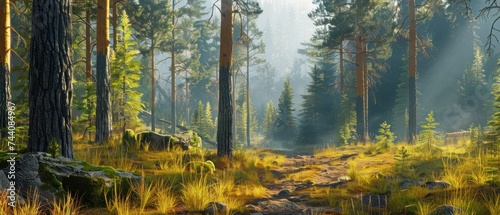 a painting of a forest with rocks  grass  and trees in the foreground and sunlight coming through the trees.