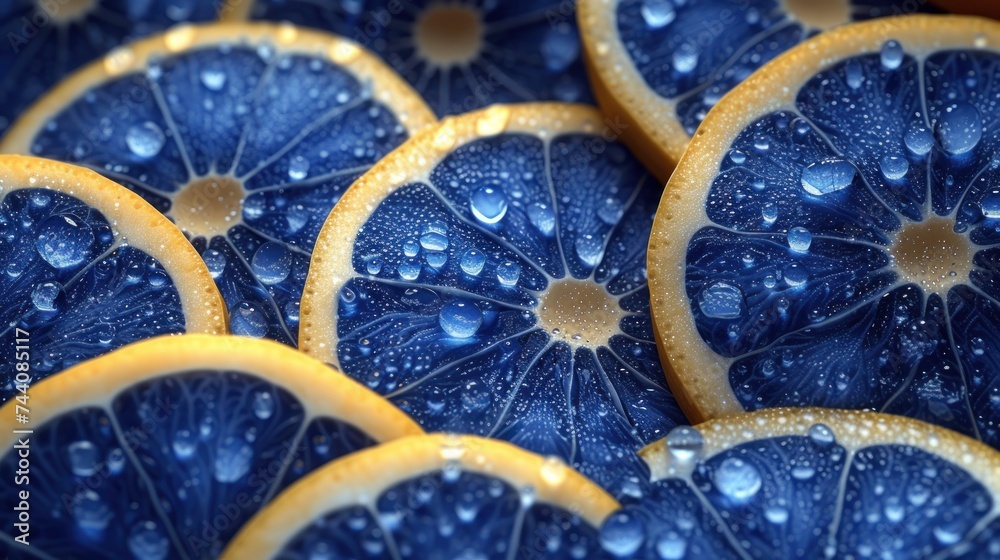  a close up of a bunch of oranges with drops of water on the top and bottom of the slices of oranges on the bottom of the whole orange.