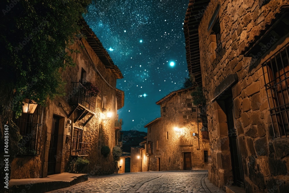 A cobblestone street illuminated by street lamps beneath a starry night sky, Medieval buildings at night under a starry sky, AI Generated
