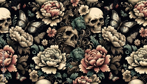 An illustration with a vintage-inspired pattern featuring elegant peonies, butterflies, and hidden skull designs. AI Generated