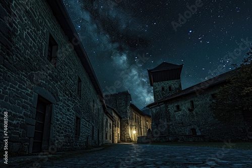 A narrow and dimly lit alleyway stretches towards a building, framed by a mesmerizing night sky filled with twinkling stars, Medieval buildings at night under a starry sky, AI Generated