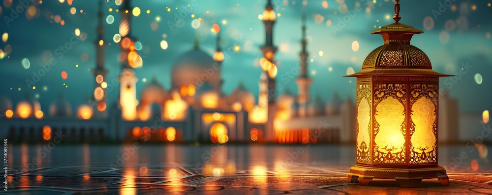 Glowing Arabic lantern on blurred night mosque background. Ramadan, Hari Raya day, Eid al Fitr celebration. Islamic holiday concept. Festive banner, greeting card with copy space Glowing Arabic lantern on blurred night mosque background. Ramadan, Hari Raya day, Eid al Fitr celebration. Islamic holiday concept. Festive banner, greeting card with copy space
