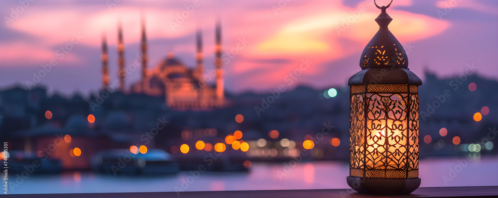 Glowing Arabic lantern on blurred night mosque background. Ramadan, Hari Raya day, Eid al Fitr celebration. Islamic holiday concept. Festive banner, greeting card with copy space - obrazy, fototapety, plakaty 