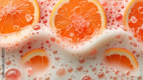  a group of oranges sitting on top of a foamy surface with drops of water on the top and bottom of the oranges on the bottom of the surface.